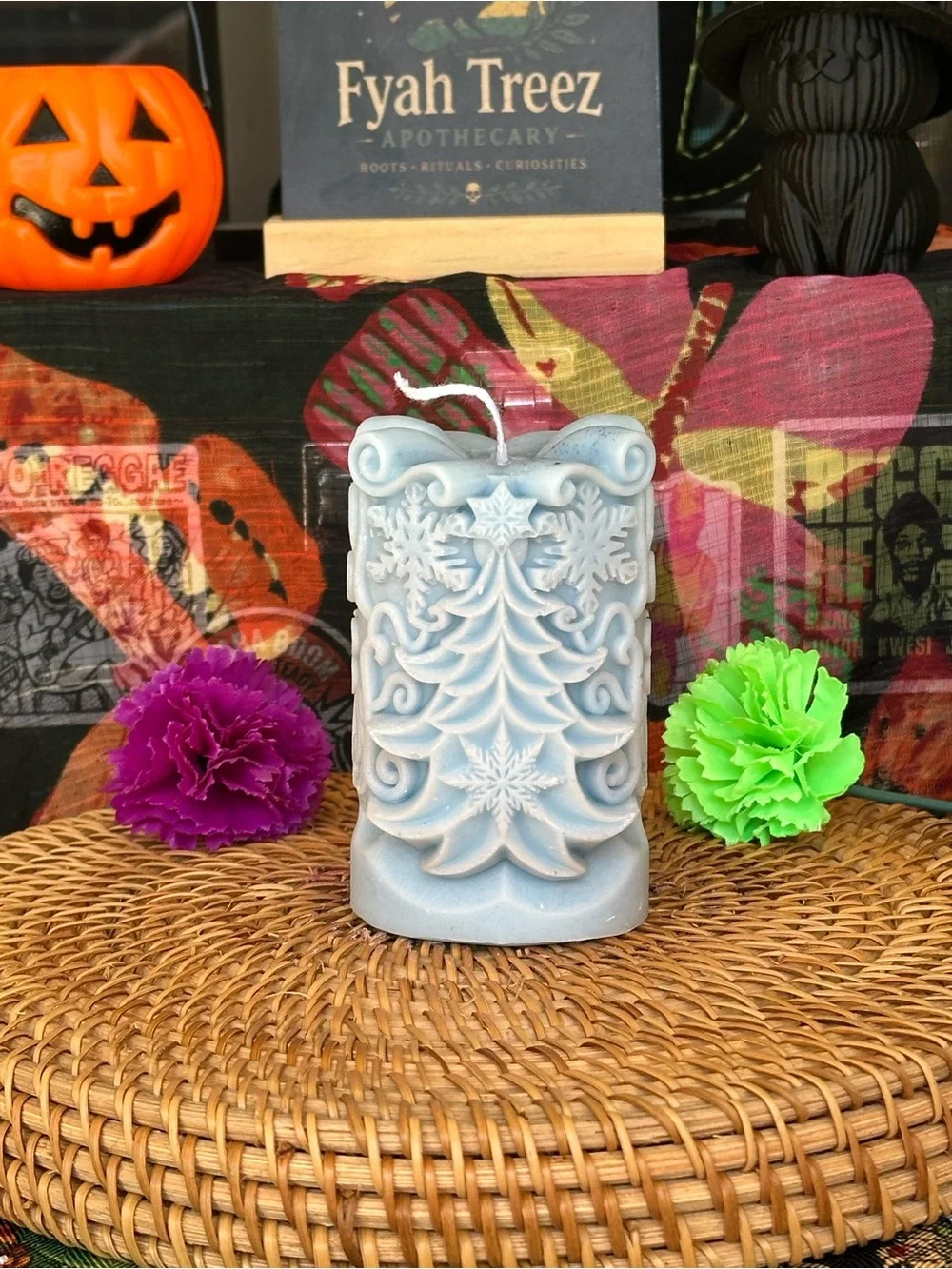 Icy Blue Christmas Tree Pillar Candle